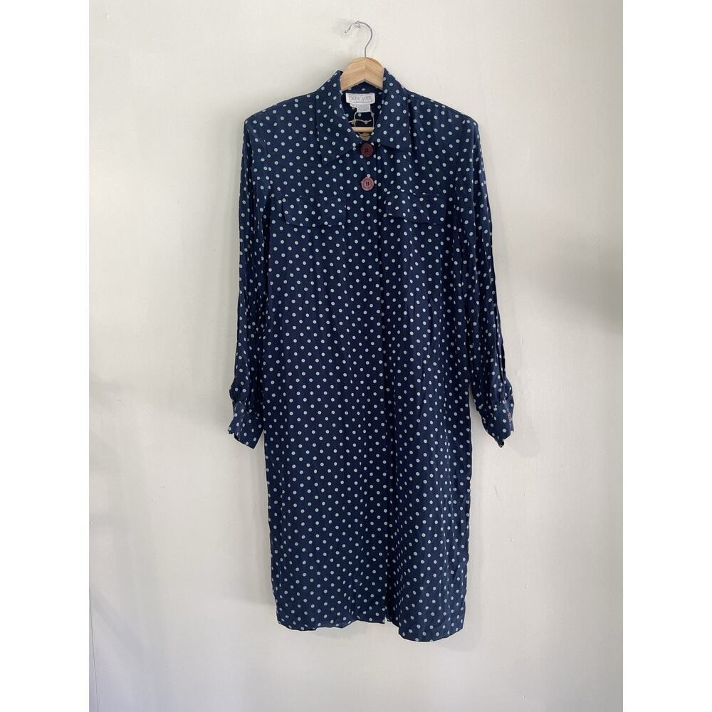 Vintage Doncaster 100% Silk Navy Blue Dress Button Up Polka Dots Maximalist Sz 8